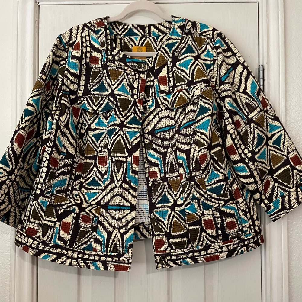 Ruby Rd. Size 16 Jacket. Brown, tan, turquoise, rust. 3/4 sleeve. Year round.